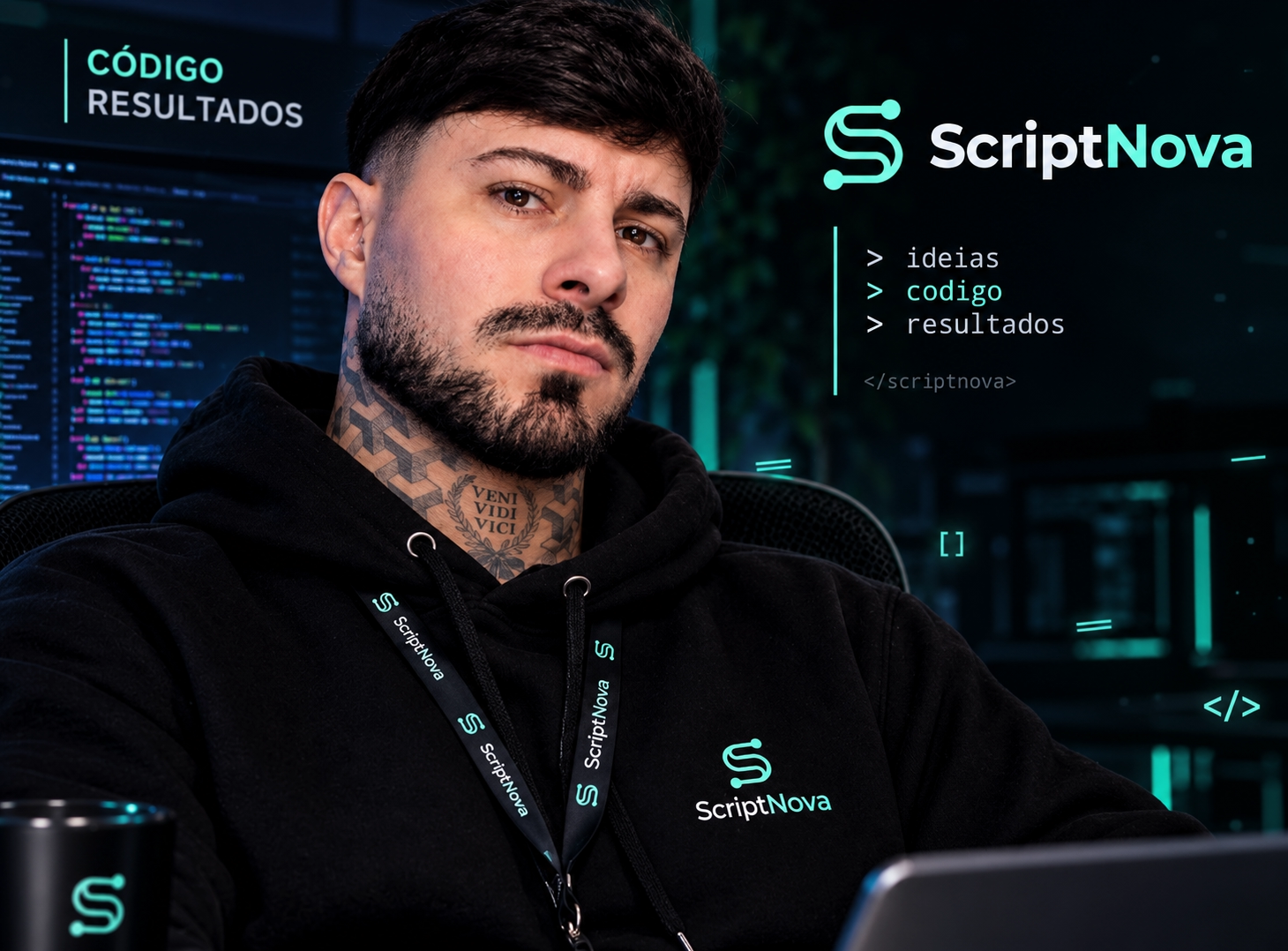 Felipe Dini, criador do ScriptNova, em ambiente tecnológico com a marca ScriptNova
