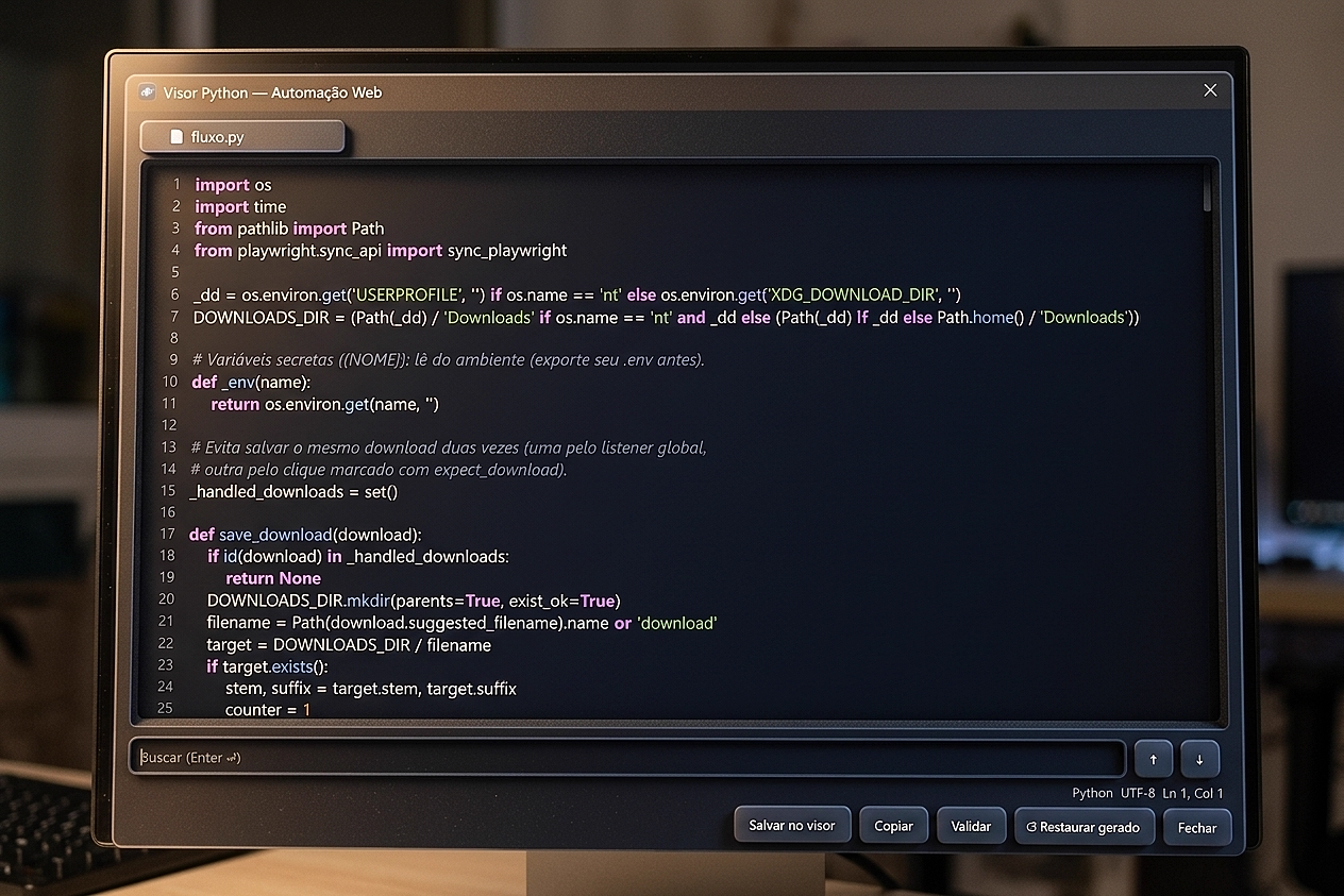 Ilustração 3D do Visor Python do ScriptNova com código de automação
